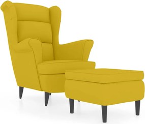 vidaXL Fotoliu cu spătar cu aripi, cu taburet, galben muștar, catifea