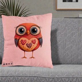 Perna Decorativa Bufnita Rosie cu Inimi Aurii, 40x40 cm, Roz, Husa Detasabila, Perna Inclusa, BEKZ®