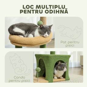 PawHut Ansamblu de Joacă pentru Pisici cu Căsuță, 2 Jucării cu Bilă și Pat Verde și Maro | Aosom Romania