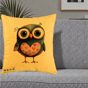 Perna Decorativa Bufnita cu Inimioare Roz, 40x40 cm, Galben, Husa Detasabila, Perna Inclusa, BEKZ®