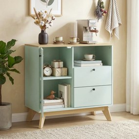 HOMCOM Bufet pentru living, mobilier de depozitare cu ușă, 2 sertare, compartiment deschis și raft reglabil, verde deschis și stejar | Aosom Romania