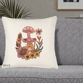 Perna Decorativa Ciuperca Pisica Boho, 40x40 cm, Crem Reliefat, Husa Detasabila, Perna Inclusa, BEKZ®