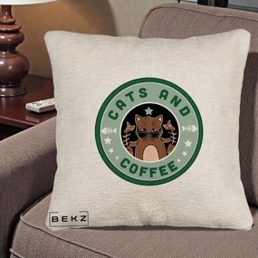 Perna Personalizata Cats and Coffee Starbucks, 40x40 cm, Bej Canapea, Husa Detasabila, Perna Inclusa, BEKZ®