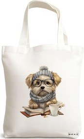 Sacosa de Panza pentru Cumparaturi, Geanta Tote, model Reading puppy 3 38 x 34.5 cm, Alba, BEKZ®
