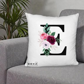 Cadou Personalizat - Perna Personalizata Monograma Florala Litera E, 40x40 cm, Alb Pufos, Husa Detasabila, Perna Inclusa, BEKZ®