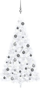 vidaXL Jumătate brad Crăciun pre-iluminat cu set globuri, alb, 150 cm