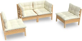 vidaXL Set mobilier grădină cu perne crem, 4 piese, lemn de pin