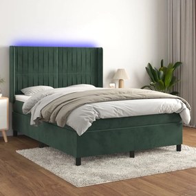 3139682 vidaXL Pat cu arcuri, saltea și LED, verde închis, 140x190 cm, catifea