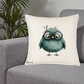 Perna Decorativa Pui Teal cu Ochelari Rotunzi, 40x40 cm, Crem Reliefat, Husa Detasabila, Perna Inclusa, BEKZ®
