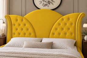 Pat tapițat Chesterfield din catifea Velora Deluxe 140×200 cm, galben muștar, cu ladă de depozitare