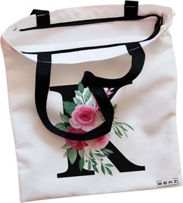 Sacosa de Panza pentru Cumparaturi, Geanta Tote, Cu litera K si Trandafiri, Cu fermoar, 38x34.5 cm, Alba, BEKZ®