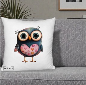 Perna Decorativa Bufnita cu Inimioare Roz, 40x40 cm, Alb Pufos, Husa Detasabila, Perna Inclusa, BEKZ®