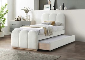 Pat MACARENA 90x200, crem, stofa boucle/lemn, cu somiera