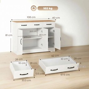 HOMCOM Bufet de bucătărie, mobilier de depozitare cu 3 uși tip hambar, 2 sertare și rafturi reglabile, 108 x 40 x 81 cm, alb | Aosom Romania