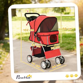 PawHut Cărucior pentru Câini Pliabil cu Benzi Reflectorizante, Roți Rotative, Frâne și Pernuță Lavabilă, Roșu | Aosom Romania