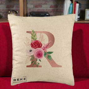 Cadou Personalizat - Perna Personalizata Monograma Rose Gold Litera R, 40x40 cm, Bej, Husa Detasabila, Perna Inclusa, BEKZ®