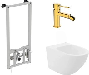 Pachet rama instalare Ideal Standard ProSys, bideu suspendat Rea Carlo alb si baterie bideu Glamour auriu