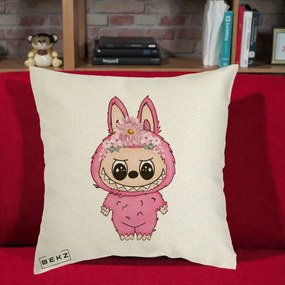 Perna Personalizata Labubu Roz cu Coroana Florala, 40x40 cm, Ecru, Husa Detasabila, Perna Inclusa, BEKZ®