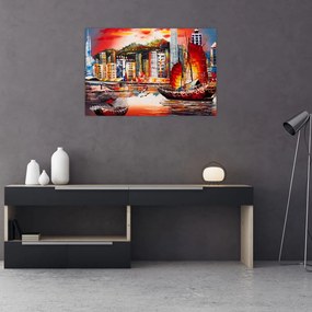 Tablou - Victoria Harbour, Hong Kong, pictură în ulei (90x60 cm)