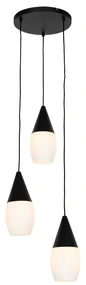 Lampă modernă suspendată neagră cu sticlă opalescentă cu 3 lumini - Drop