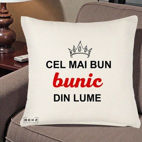 Cadou pentru Bunic - Perna Personalizata Cel Mai Bun Bunic Din Lume Coroana Rosu, 40x40 cm, Crem Reliefat, Husa Detasabila, Perna Inclusa, BEKZ®