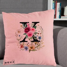 Cadou Personalizat - Perna Personalizata Monograma Florala Litera X cu Coroana, 40x40 cm, Roz, Husa Detasabila, Perna Inclusa, BEKZ®