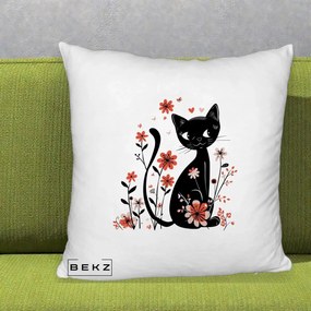 Perna Decorativa Pisica Neagra Flori Roz si Inimi, 40x40 cm, Alb Pufos, Husa Detasabila, Perna Inclusa, BEKZ®