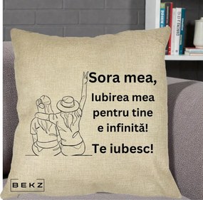 Cadou pentru Sora - Perna Personalizata Sora Mea Te Iubesc Line Art Portrete Colorate, 40x40 cm, Crem, Husa Detasabila, Perna Inclusa, BEKZ®