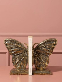 Set 2 suporturi pentru cărți din rășină, auriu, model aripi de fluture cu desen în relief și margine perlată, bază în trepte, finisaj patinat, 20,5 x