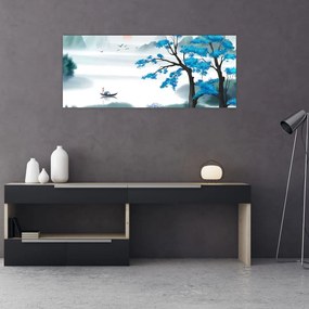 Tablou - Pictură, lac cu barcă (120x50 cm)