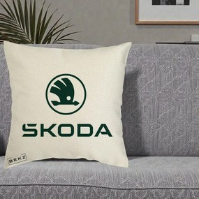 Perna Personalizata cu emblema Skoda, 40x40 cm, Ecru, Husa Detasabila, Perna Inclusa, BEKZ®
