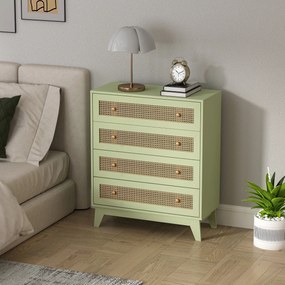 HOMCOM Comodă 4 sertare mobilier de depozitare cannage din ratan aspect lemn deschis 80 x 35 x 95 cm verde | Aosom Romania