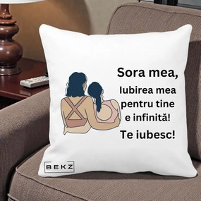 Cadou pentru Sora - Perna Personalizata Sora Mea Te Iubesc Doua Fete Fashioniste Line Art, 40x40 cm, Alba Mata, Husa Detasabila, Perna Inclusa, BEKZ®