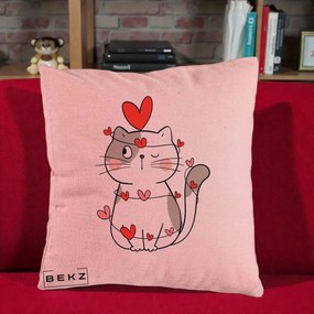 Perna Decorativa Pisica Kawaii cu Inimi, 40x40 cm, Roz, Husa Detasabila, Perna Inclusa, BEKZ®