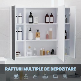 kleankin Dulap de baie cu oglindă și lumină LED, 90x15x75 cm, uși soft-close, reglabil în 3 culori, rafturi ajustabile, întrerupător tactil, alb | Aosom Romania
