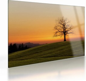 Tablou pe sticlă cu apus de soare pe o luncă (70x50 cm)