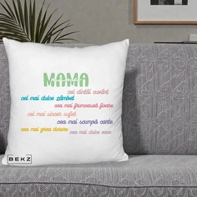 Cadou pentru Mama - Perna Personalizata Mama Cel Dintai Cuvant cu Text Colorat Multicolor, 40x40 cm, Alb Pufos, Husa Detasabila, Perna Inclusa, BEKZ®