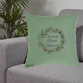 Cadou pentru Soacra - Perna Personalizata Cea mai Buna Soacra cu Coronita Flori Boho Pastel, 40x40 cm, Verde, Husa Detasabila, Perna Inclusa, BEKZ®