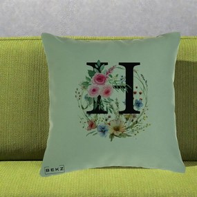 Cadou Personalizat - Perna Personalizata Monogram Litera H cu Flori Acuarela, 40x40 cm, Verde, Husa Detasabila, Perna Inclusa, BEKZ®
