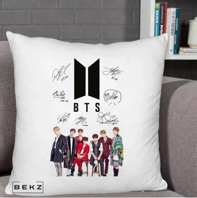 Perna Personalizata K-pop BTS Semnaturi Foto, 40x40 cm, Alb Pufos, Husa Detasabila, Perna Inclusa, BEKZ®