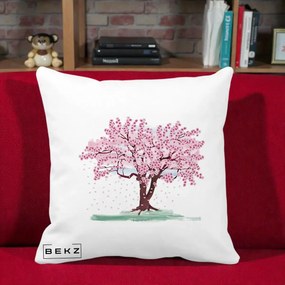 Perna Decorativa Cires Inflorit Acuarela, 40x40 cm, Alba Mata, Husa Detasabila, Perna Inclusa, BEKZ®