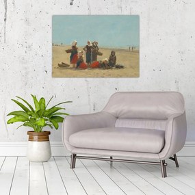 Tablou pe sticlă - Eugène Boudin, Women on the Beach at Berck, reproducere (70x50 cm)