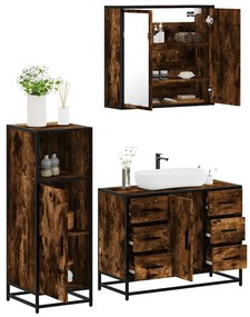 vidaXL Set mobilier de baie, 3 piese, stejar fumuriu, lemn prelucrat