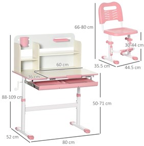 HOMCOM Set de Birou și Scaun pentru Copii de la 3 Ani Reglabil, Masă Inclinabilă 60° cu Sertar și Rafturi, Roz | Aosom Romania