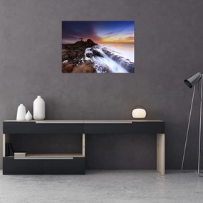 Tablou pe sticlă cu munți în ceață (70x50 cm)