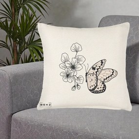 Perna Decorativa Fluture si Flori Linie Monocroma, 40x40 cm, Crem Reliefat, Husa Detasabila, Perna Inclusa, BEKZ®