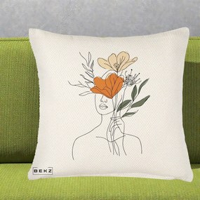 Perna Decorativa Portret Feminin Coroana Florala, 40x40 cm, Crem Reliefat, Husa Detasabila, Perna Inclusa, BEKZ®