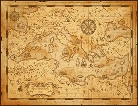 Harta Old vintage map of Mediterranean sea, pirate sail, seamartini