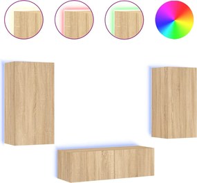 vidaXL Comode TV de perete cu lumini LED, 3 piese, stejar sonoma