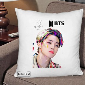 Perna Personalizata K-pop BTS Jimin Portret Artistic Multicolor cu Autograf, 40x40 cm, Alb Pufos, Husa Detasabila, Perna Inclusa, BEKZ®
